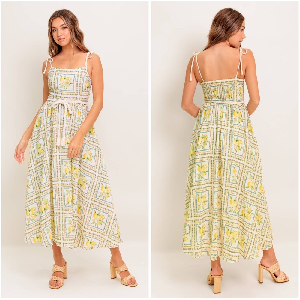 Flying Tomato Lemon Print Maxi Dress Yellow White Mediterranean M